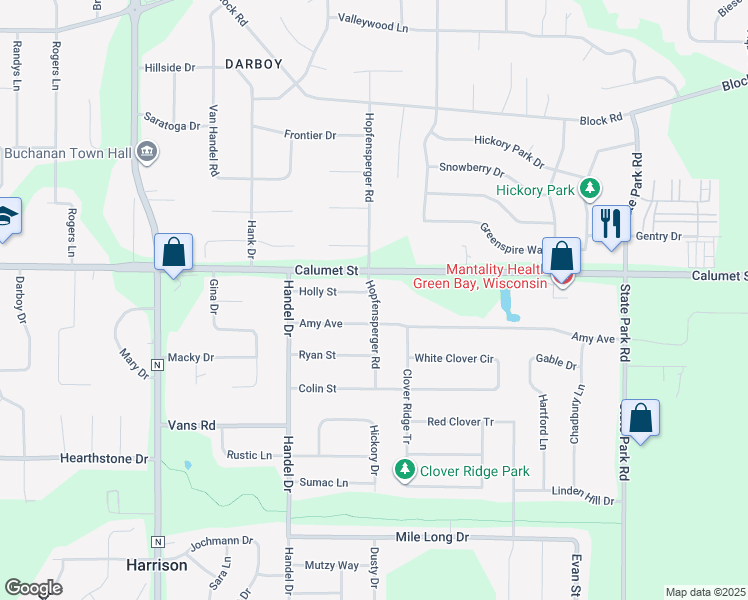 map of restaurants, bars, coffee shops, grocery stores, and more near 9679 Hopfensperger Road in Appleton