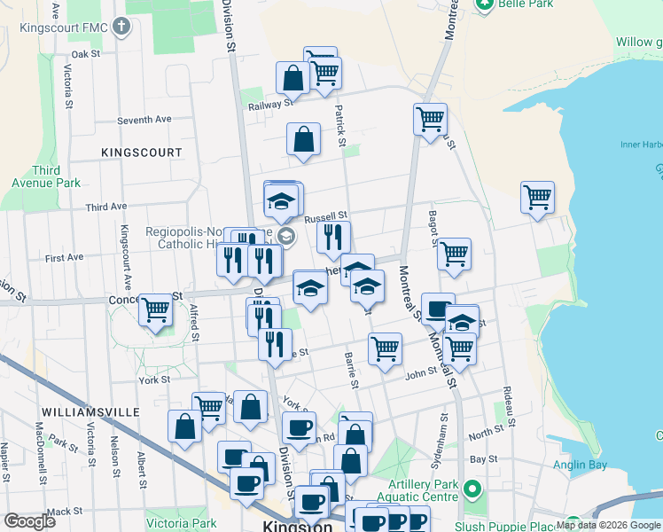 map of restaurants, bars, coffee shops, grocery stores, and more near in Kingston