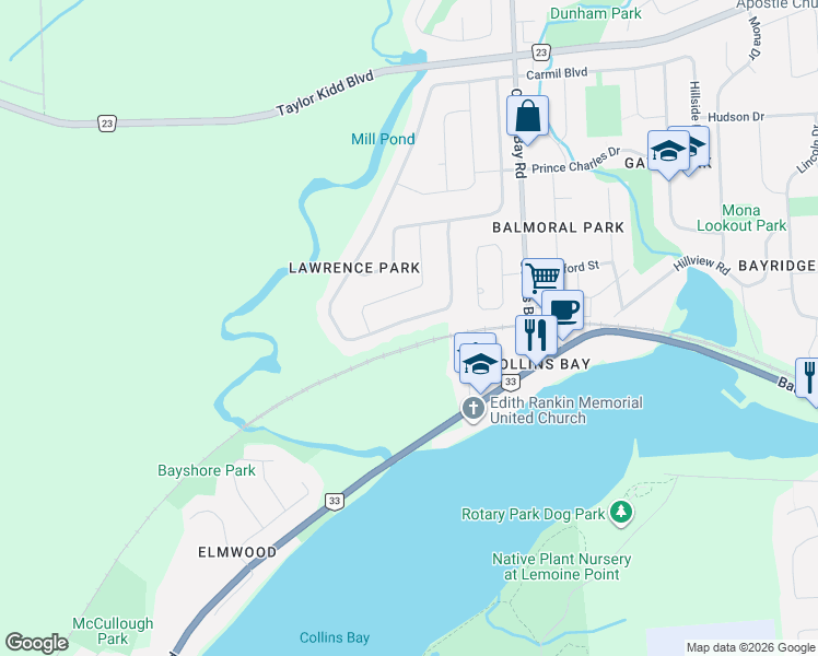 map of restaurants, bars, coffee shops, grocery stores, and more near 647 Aylmer Crescent in Kingston