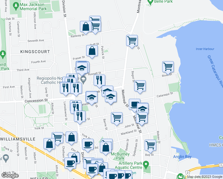 map of restaurants, bars, coffee shops, grocery stores, and more near 44 Stephen Street in Kingston