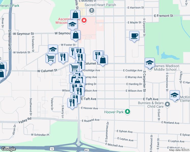 map of restaurants, bars, coffee shops, grocery stores, and more near 236 East Murray Avenue in Appleton