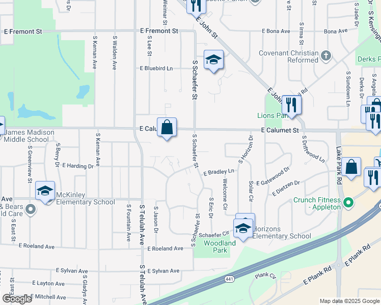 map of restaurants, bars, coffee shops, grocery stores, and more near 2125 South Schaefer Street in Appleton