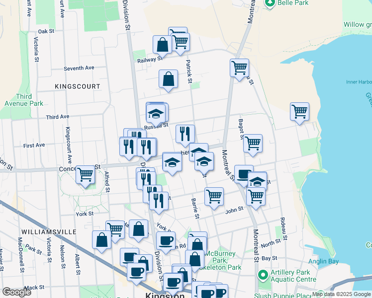 map of restaurants, bars, coffee shops, grocery stores, and more near in Kingston