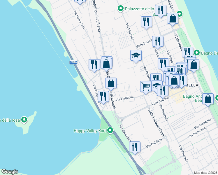 map of restaurants, bars, coffee shops, grocery stores, and more near 252 Via Caduti per la Libertà in Cervia
