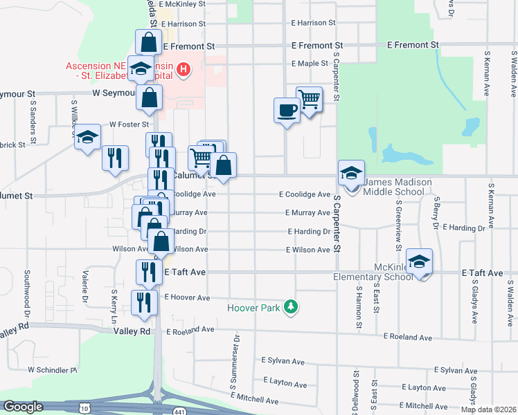 map of restaurants, bars, coffee shops, grocery stores, and more near 2118 South Jackson Street in Appleton
