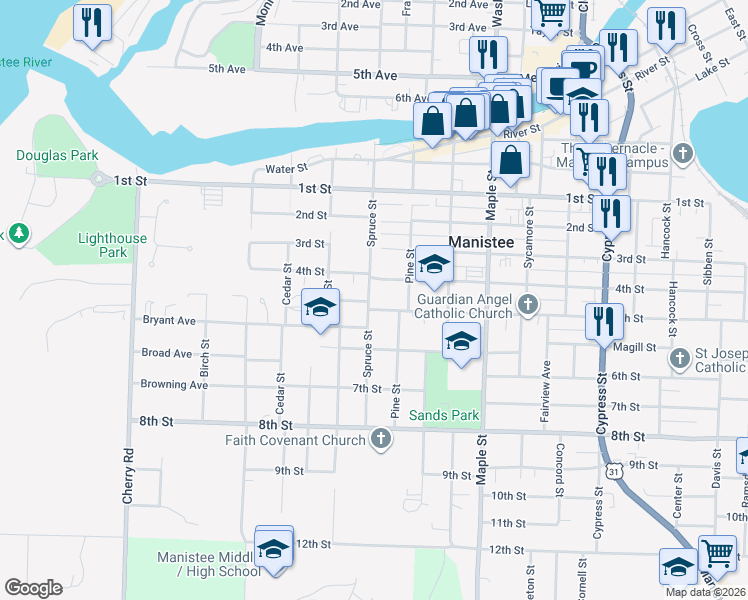 map of restaurants, bars, coffee shops, grocery stores, and more near 422 Spruce Street in Manistee