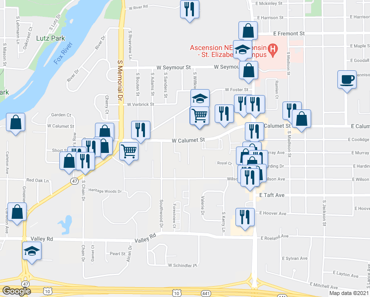 map of restaurants, bars, coffee shops, grocery stores, and more near 2105 Camelot Court in Appleton