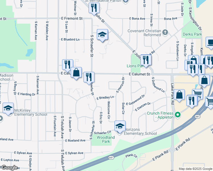map of restaurants, bars, coffee shops, grocery stores, and more near 50 Regal Terrace in Appleton