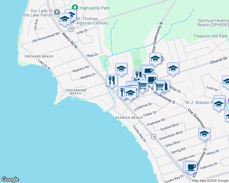 map of restaurants, bars, coffee shops, grocery stores, and more near 0 Metro Road North in Georgina