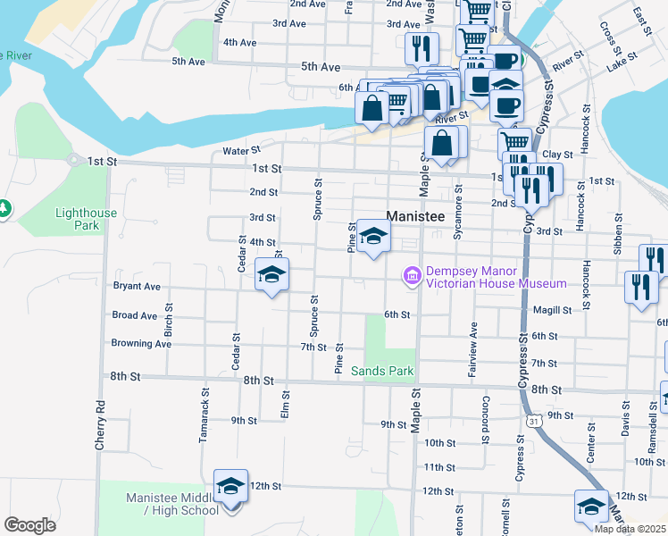 map of restaurants, bars, coffee shops, grocery stores, and more near 460 5th Street in Manistee