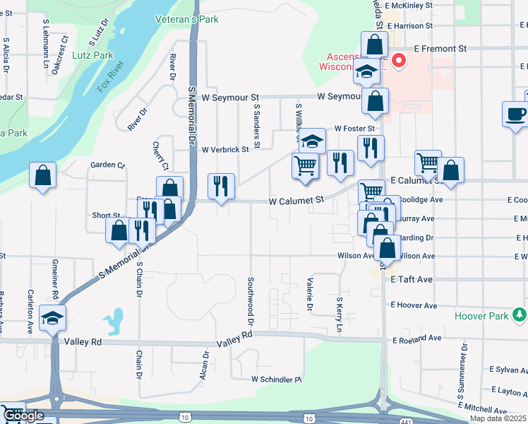 map of restaurants, bars, coffee shops, grocery stores, and more near 2109 Maplecrest Drive in Appleton