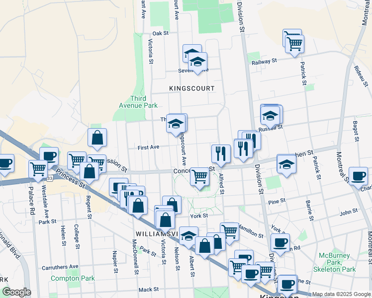 map of restaurants, bars, coffee shops, grocery stores, and more near in Kingston
