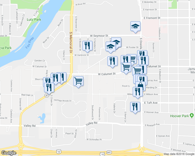 map of restaurants, bars, coffee shops, grocery stores, and more near 2109 Maplecrest Drive in Appleton
