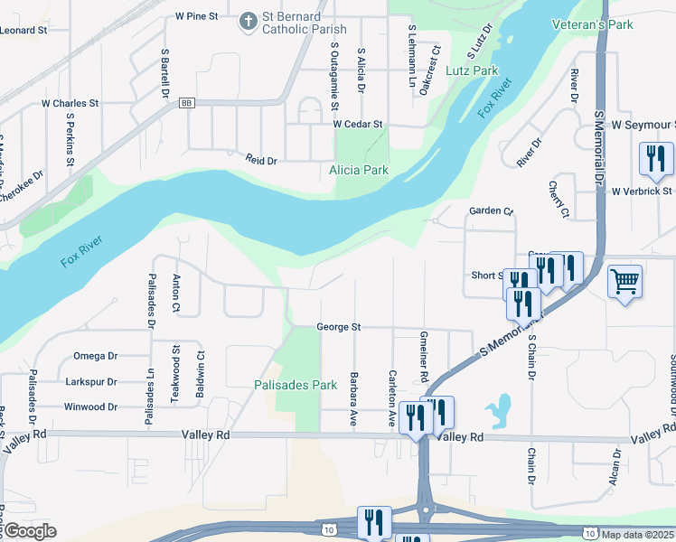map of restaurants, bars, coffee shops, grocery stores, and more near 1500 Palisades Drive in Appleton