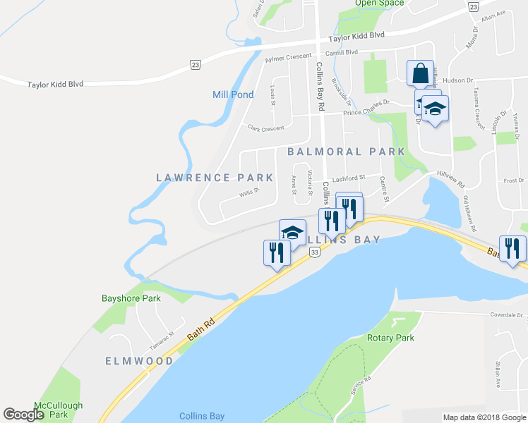 map of restaurants, bars, coffee shops, grocery stores, and more near 633 Aylmer Crescent in Kingston