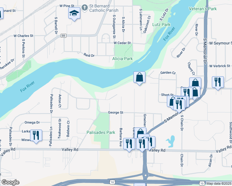 map of restaurants, bars, coffee shops, grocery stores, and more near 1500 Palisades Drive in Appleton