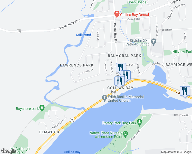 map of restaurants, bars, coffee shops, grocery stores, and more near 633 Aylmer Crescent in Kingston