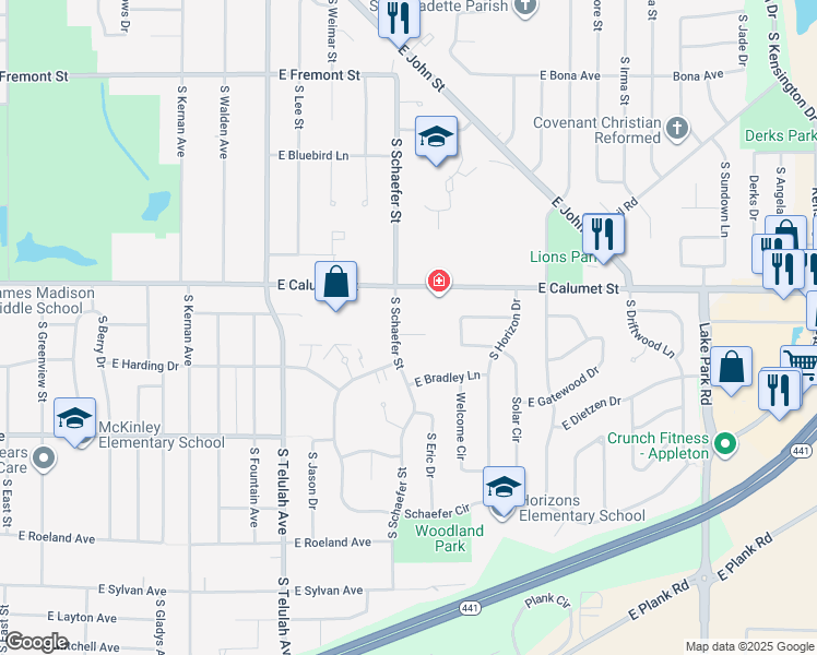 map of restaurants, bars, coffee shops, grocery stores, and more near 12 Easthaven Court in Appleton