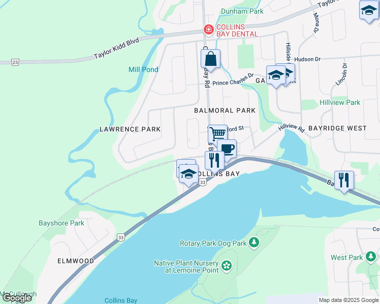 map of restaurants, bars, coffee shops, grocery stores, and more near 1640 Mary Street in Kingston