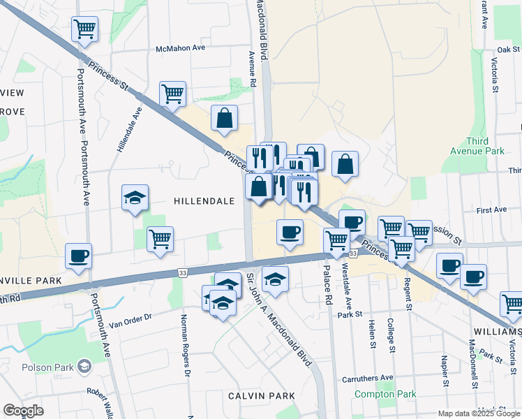 map of restaurants, bars, coffee shops, grocery stores, and more near 1100 Princess Street in Kingston