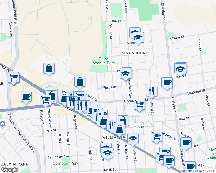map of restaurants, bars, coffee shops, grocery stores, and more near in Kingston