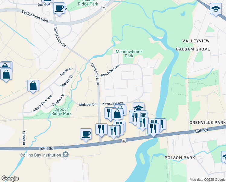 map of restaurants, bars, coffee shops, grocery stores, and more near in Kingston