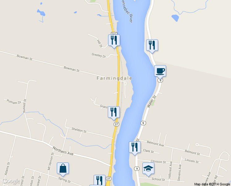 map of restaurants, bars, coffee shops, grocery stores, and more near Carr Lane in Farmingdale