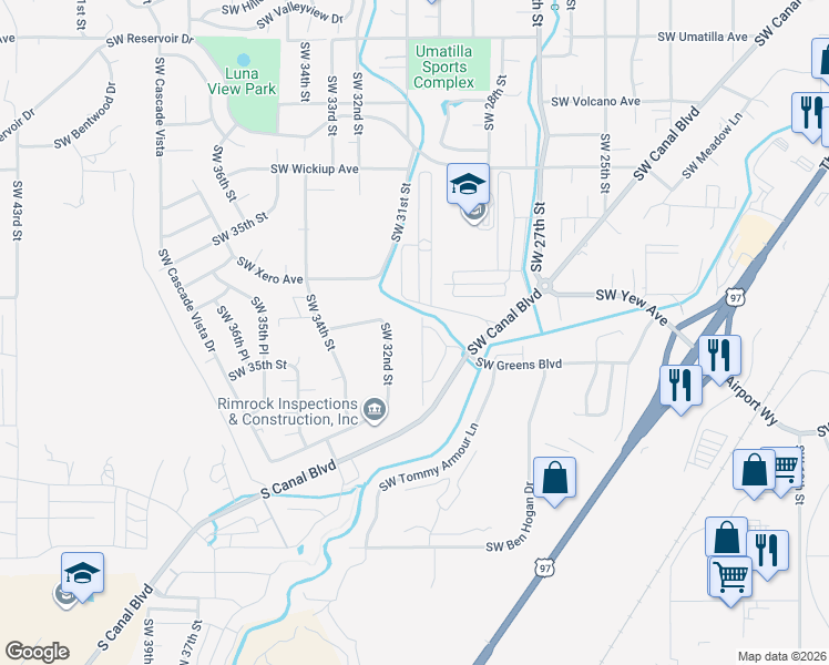 map of restaurants, bars, coffee shops, grocery stores, and more near 3592 Southwest 32nd Street in Redmond