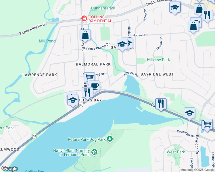 map of restaurants, bars, coffee shops, grocery stores, and more near 678 Hillview Road in Kingston