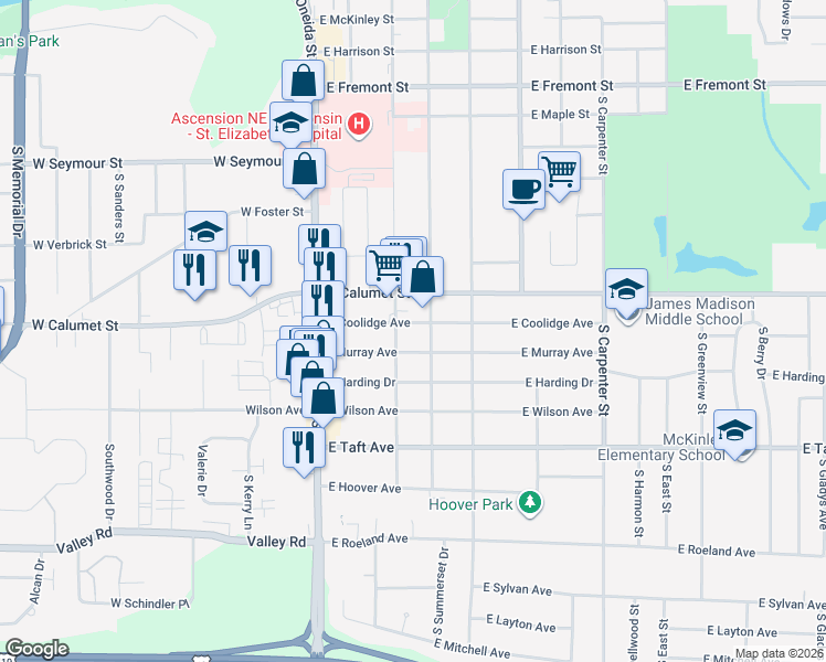 map of restaurants, bars, coffee shops, grocery stores, and more near 236 East Murray Avenue in Appleton