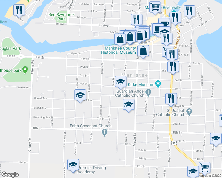 map of restaurants, bars, coffee shops, grocery stores, and more near 451 4th Street in Manistee