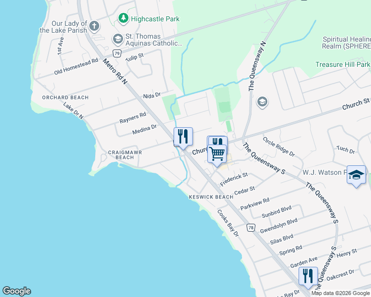 map of restaurants, bars, coffee shops, grocery stores, and more near in Georgina