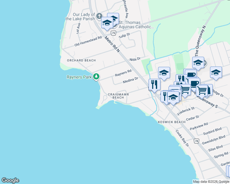 map of restaurants, bars, coffee shops, grocery stores, and more near 286 Crestwood Drive in Georgina