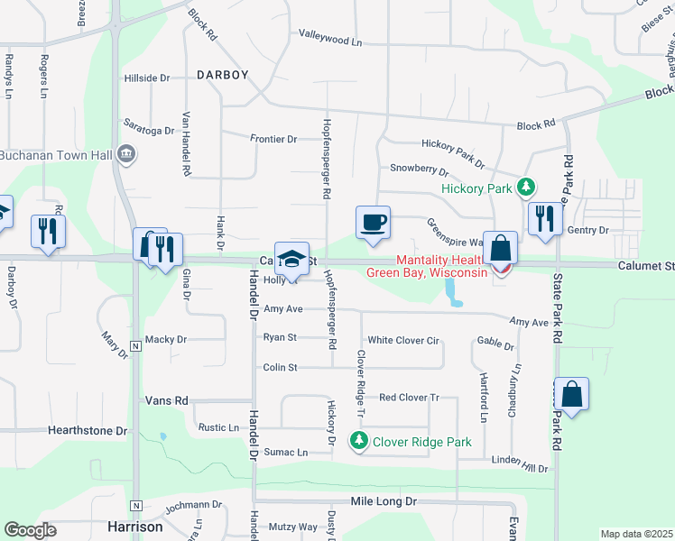 map of restaurants, bars, coffee shops, grocery stores, and more near 9679 Hopfensperger Road in Appleton