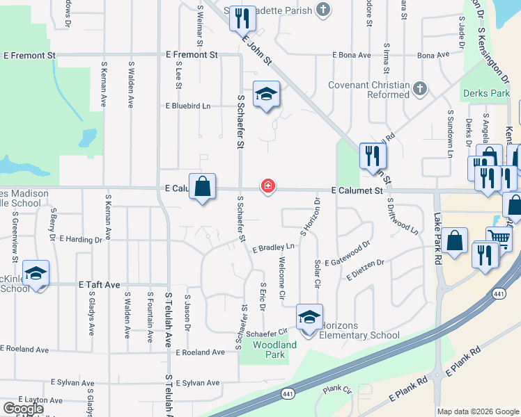 map of restaurants, bars, coffee shops, grocery stores, and more near 12 Easthaven Court in Appleton