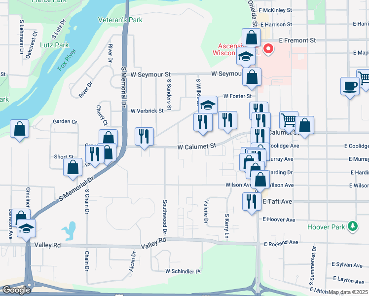 map of restaurants, bars, coffee shops, grocery stores, and more near 2105 Camelot Court in Appleton