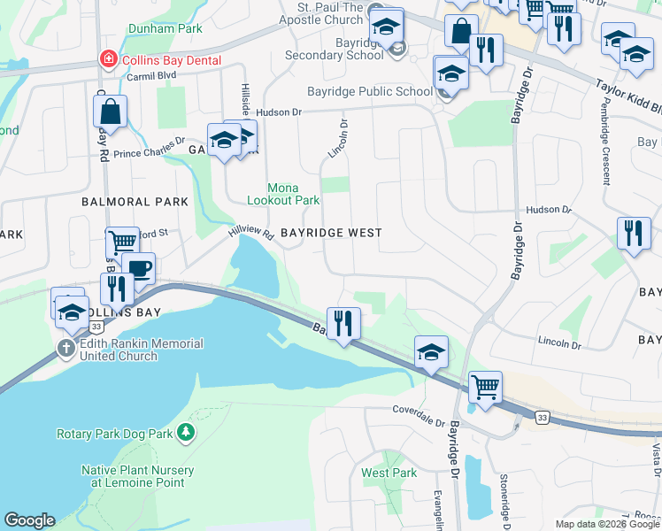 map of restaurants, bars, coffee shops, grocery stores, and more near 1136 Lincoln Drive in Kingston
