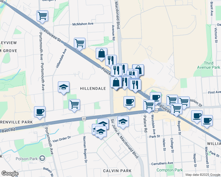 map of restaurants, bars, coffee shops, grocery stores, and more near 722 Sir John A. Macdonald Boulevard in Kingston