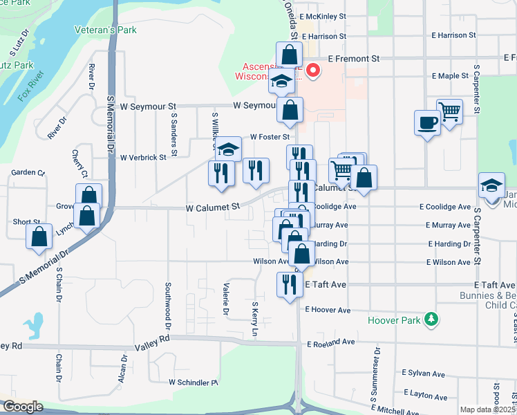 map of restaurants, bars, coffee shops, grocery stores, and more near 211 Winniebago Courts in Appleton