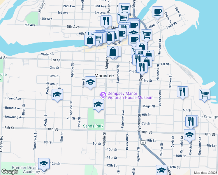 map of restaurants, bars, coffee shops, grocery stores, and more near 4th Street in Manistee