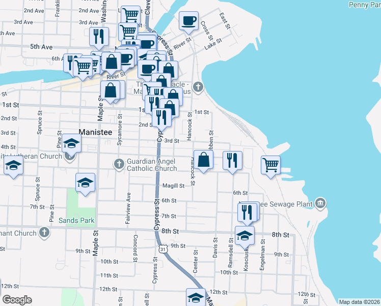 map of restaurants, bars, coffee shops, grocery stores, and more near 407 Hancock Street in Manistee