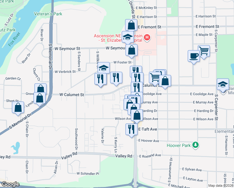 map of restaurants, bars, coffee shops, grocery stores, and more near 205 West Calumet Street in Appleton