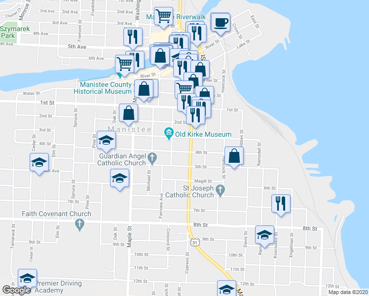 map of restaurants, bars, coffee shops, grocery stores, and more near 334 4th Street in Manistee