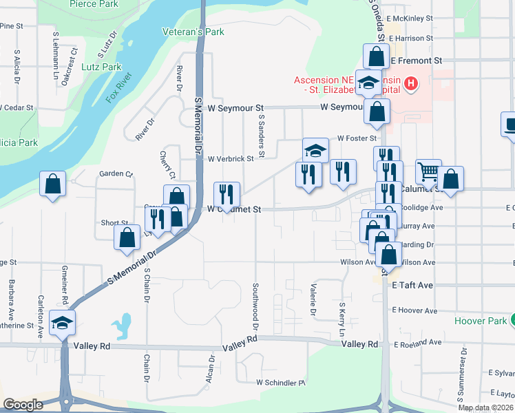 map of restaurants, bars, coffee shops, grocery stores, and more near 429 West Foster Street in Appleton