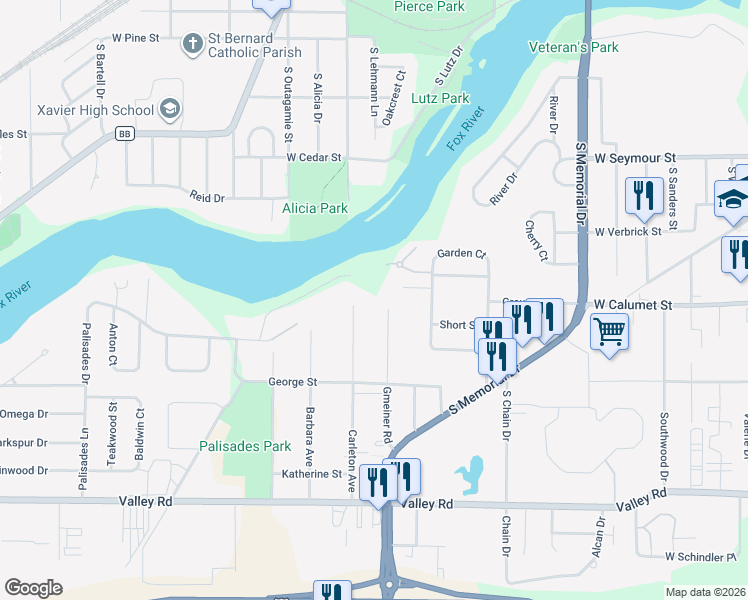 map of restaurants, bars, coffee shops, grocery stores, and more near 1250 Palisades Drive in Appleton