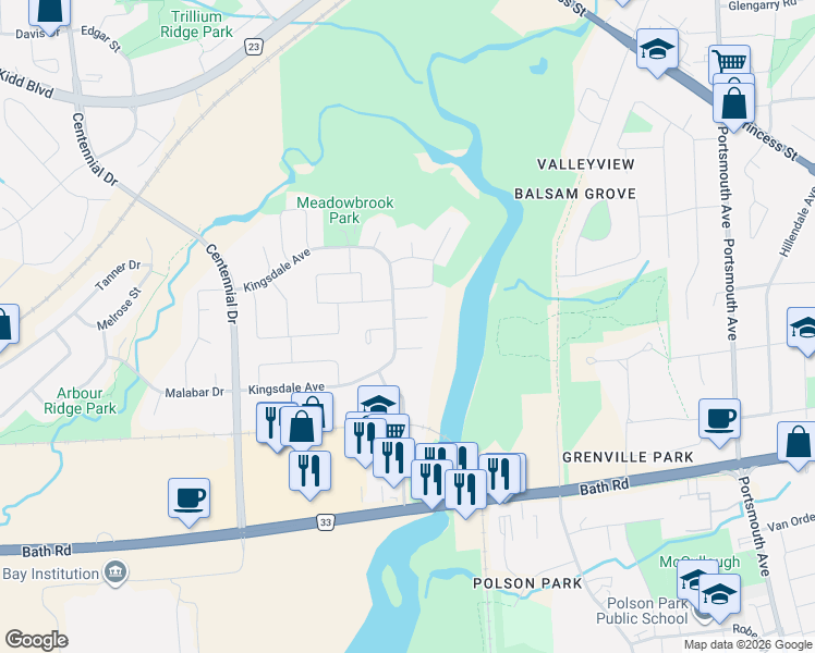 map of restaurants, bars, coffee shops, grocery stores, and more near in Kingston