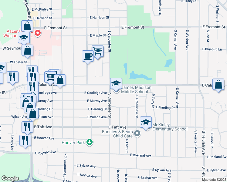 map of restaurants, bars, coffee shops, grocery stores, and more near 2020 South Carpenter Street in Appleton