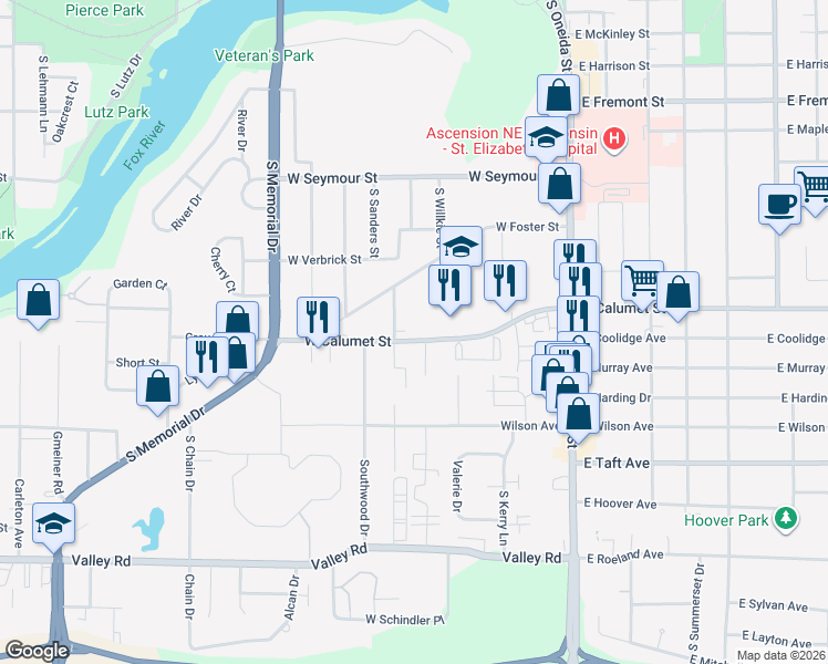 map of restaurants, bars, coffee shops, grocery stores, and more near 2031 Regency Court in Appleton