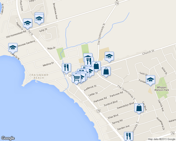 map of restaurants, bars, coffee shops, grocery stores, and more near 202 Church Street in Georgina