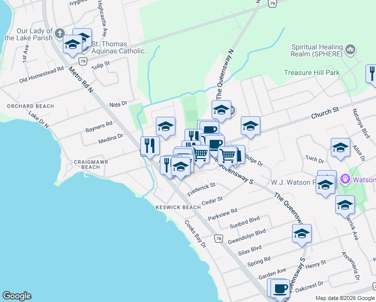 map of restaurants, bars, coffee shops, grocery stores, and more near 210 Church Street in Georgina